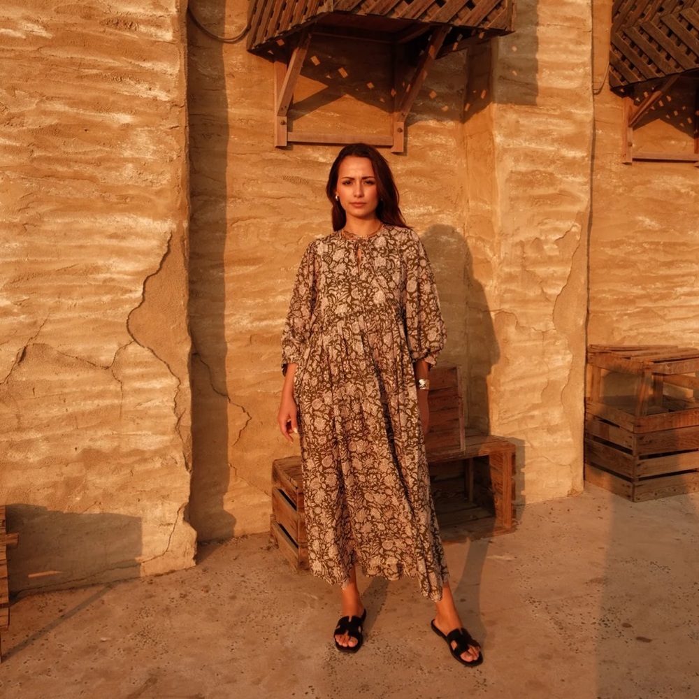 House Of Sundar Maya Midi Dress Olive Organic Cotton Size Medium (C2)